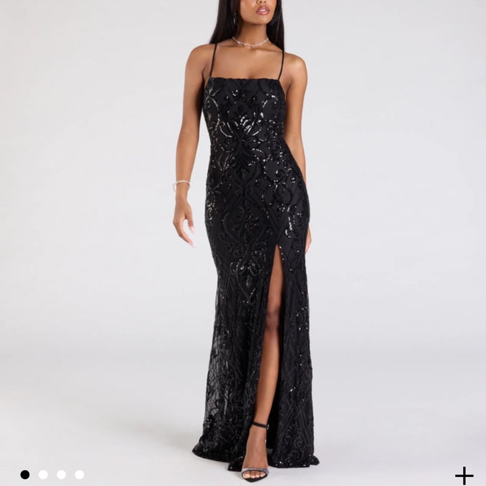 Windsor Black Sequin Maxi Gown with Slit (Prom/Formal/Black Tie)